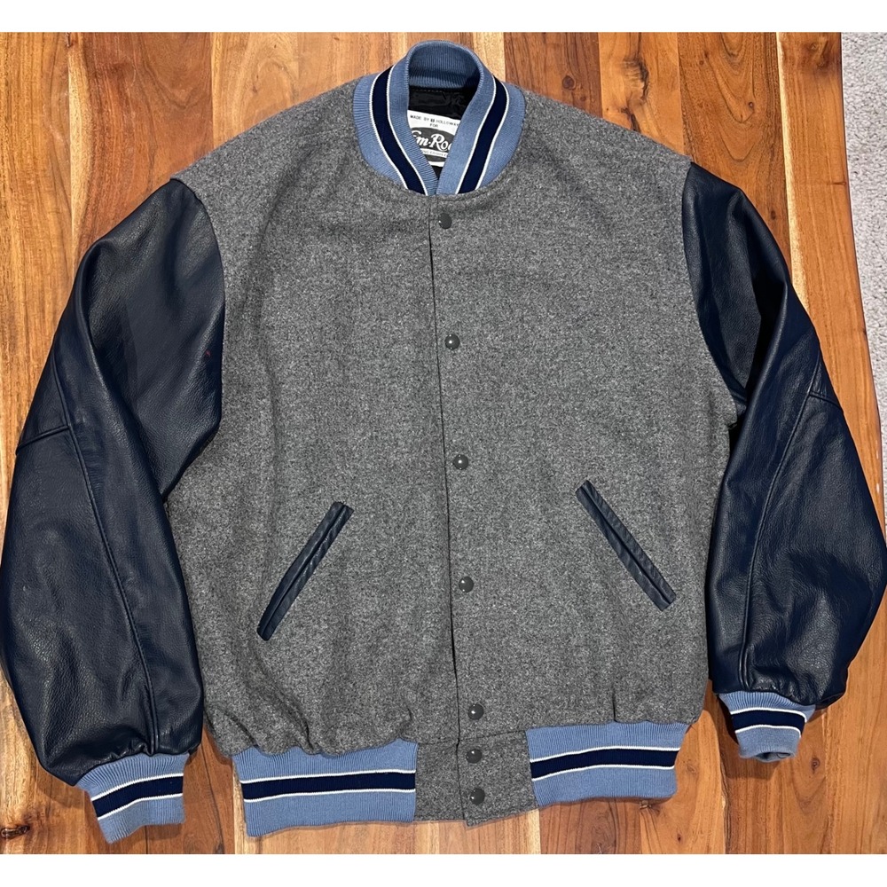 Vintage Holloway Em-Roe Varsity Jacket Mens L Gray Wool Navy Leather Letterman